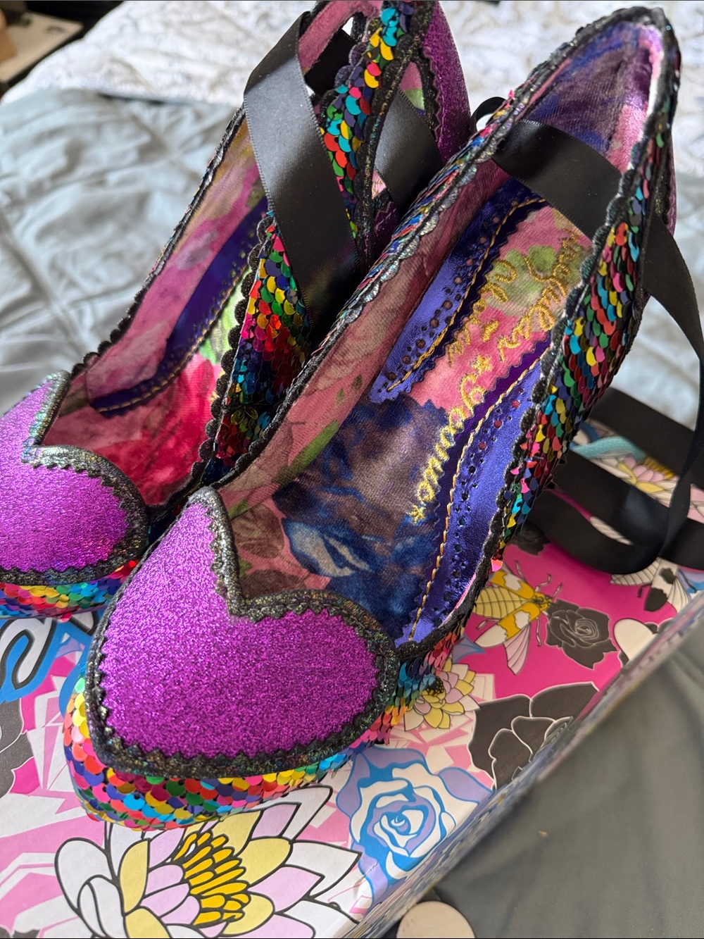 Irregular Choice Purple Glitter Heart Sequin Heels